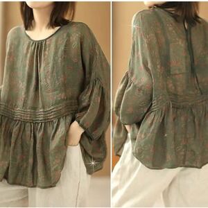 Oversized Floral Peasant Top Linen Blend L Breathable Cottagecore Boho Prairie
